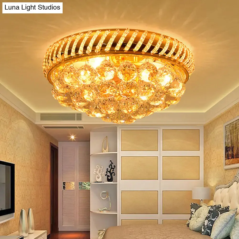 Modern Gold Flush Mount Chandelier with Crystal Ball & Round Shade - 14"/18" W, 3/4/5 Heads