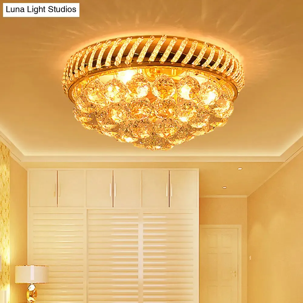 Modern Gold Flush Mount Chandelier with Crystal Ball & Round Shade - 14"/18" W, 3/4/5 Heads