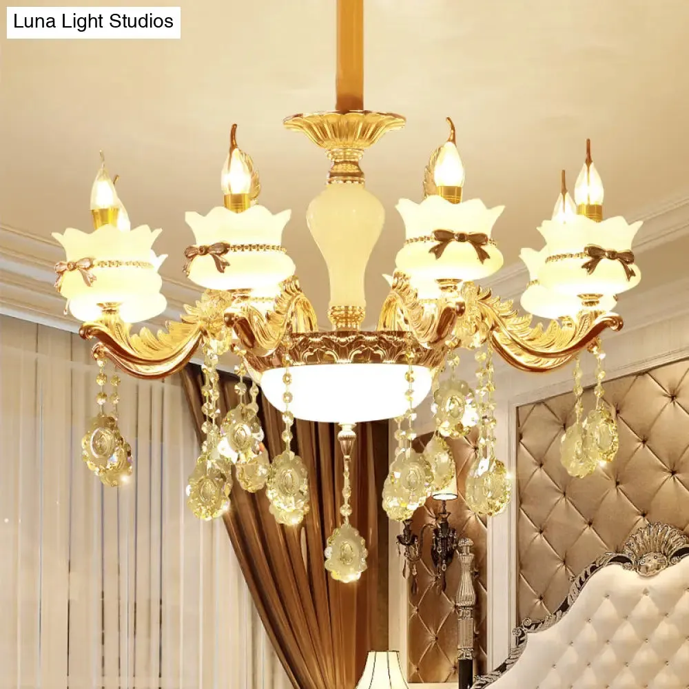 Modern Gold Glass Scalloped Chandelier with Crystal Drop – 6/8-Head Pendant for Restaurants