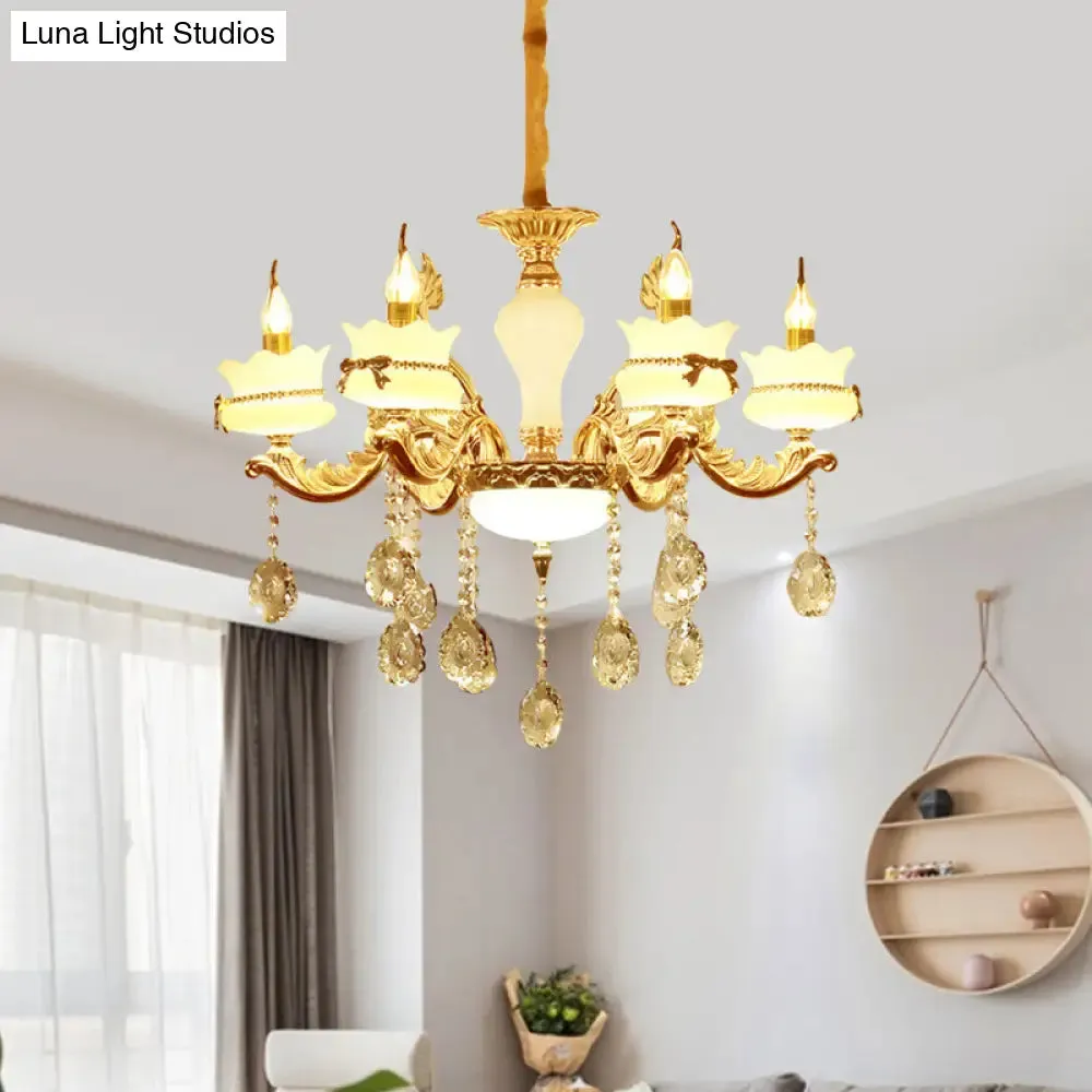 Modern Gold Glass Scalloped Chandelier with Crystal Drop – 6/8-Head Pendant for Restaurants