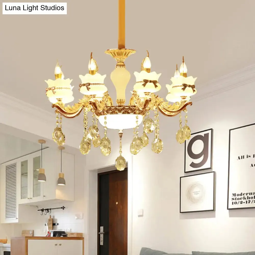 Modern Gold Glass Scalloped Chandelier with Crystal Drop – 6/8-Head Pendant for Restaurants