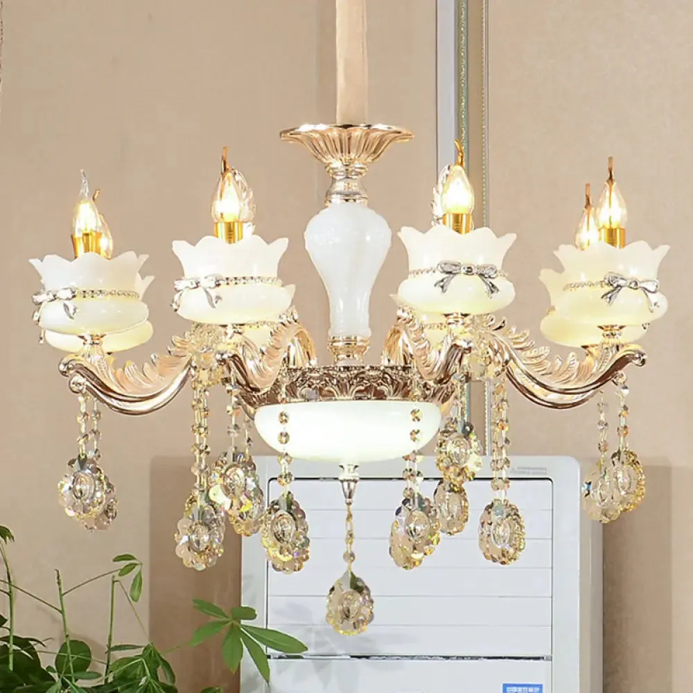 Modern Gold Glass Scalloped Chandelier with Crystal Drop – 6/8-Head Pendant for Restaurants