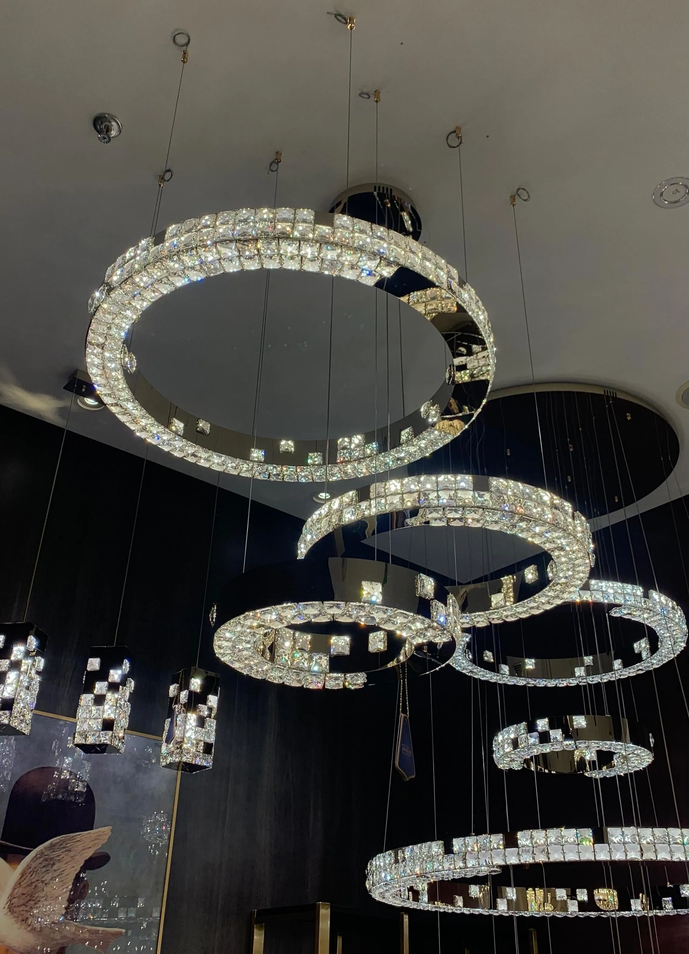 Modern Luxury 1/2/3/6-Ring Crystal Pixel Cube Chandelier Set for Staircase/Foyer/Living Room