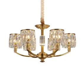 Modern Metal Chandelier with Brass Arced Arm and Prismatic Crystal Shade