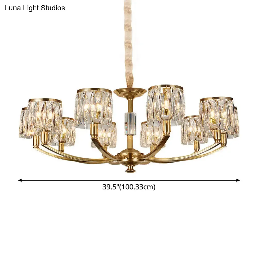 Modern Metal Chandelier with Brass Arced Arm and Prismatic Crystal Shade