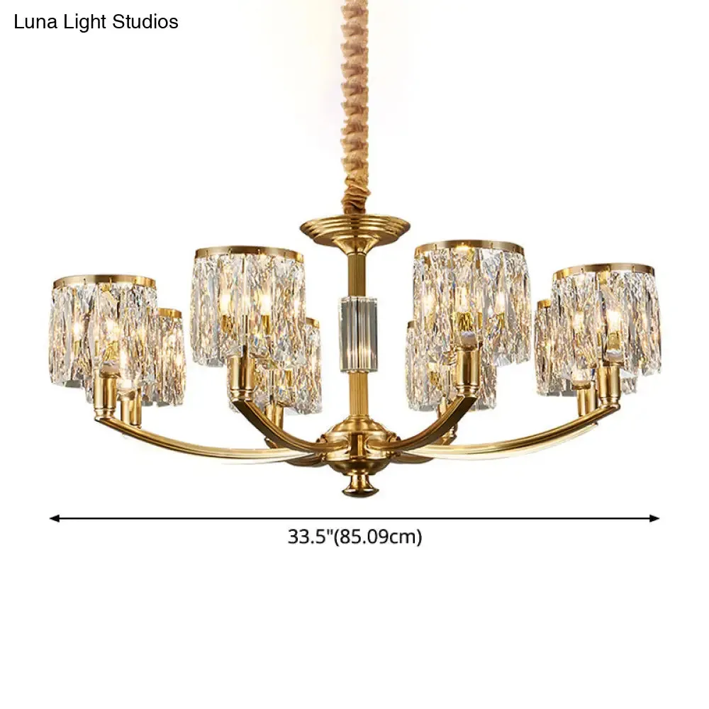 Modern Metal Chandelier with Brass Arced Arm and Prismatic Crystal Shade