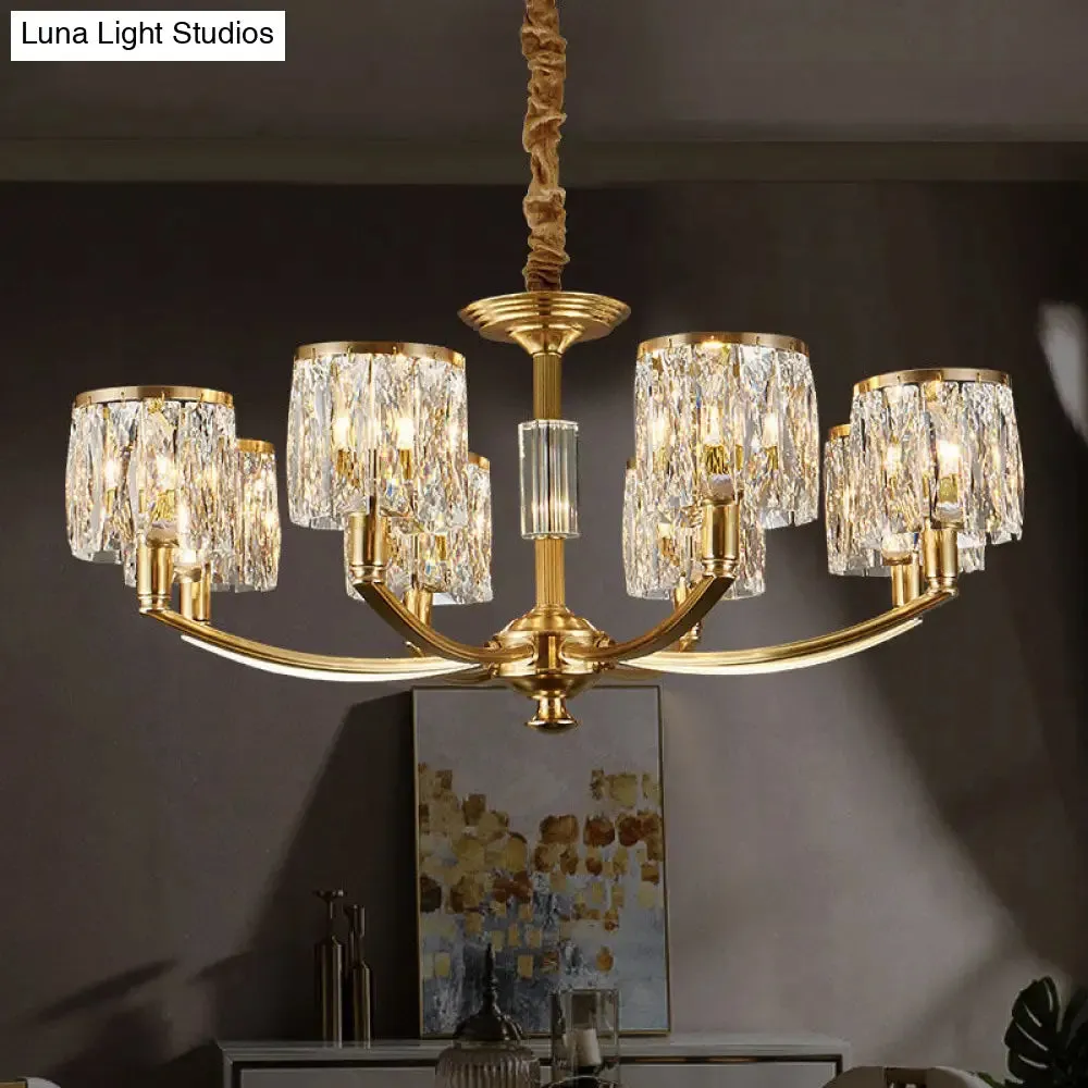 Modern Metal Chandelier with Brass Arced Arm and Prismatic Crystal Shade