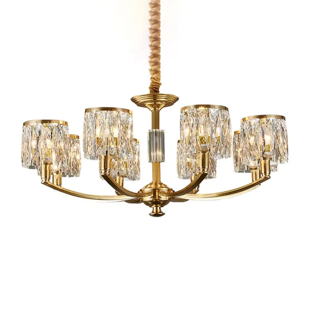 Modern Metal Chandelier with Brass Arced Arm and Prismatic Crystal Shade