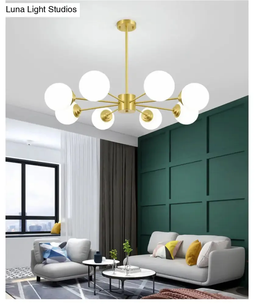 Modern Metal Hanging Chandelier with Opal Glass Shade - Gold Ceiling Light for Living Room