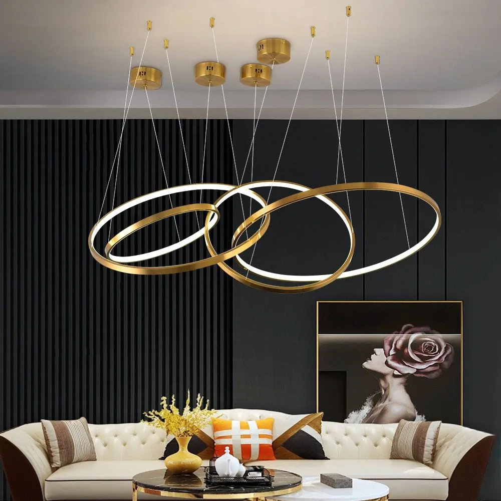 Modern Ring Led Chandelier For Staircase Luxury Living Room Gold Light Fixture Long Villa Hall Lobby