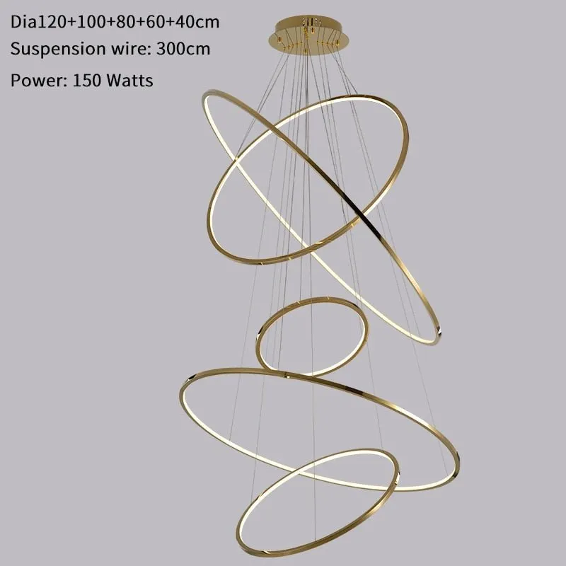 Modern Ring Led Chandelier For Staircase Luxury Living Room Gold Light Fixture Long Villa Hall Lobby