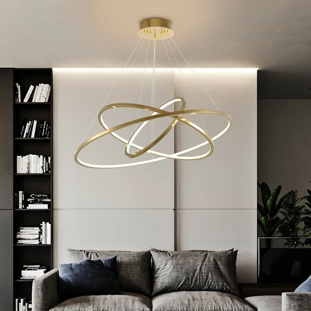 Modern Ring Led Chandelier For Staircase Luxury Living Room Gold Light Fixture Long Villa Hall Lobby