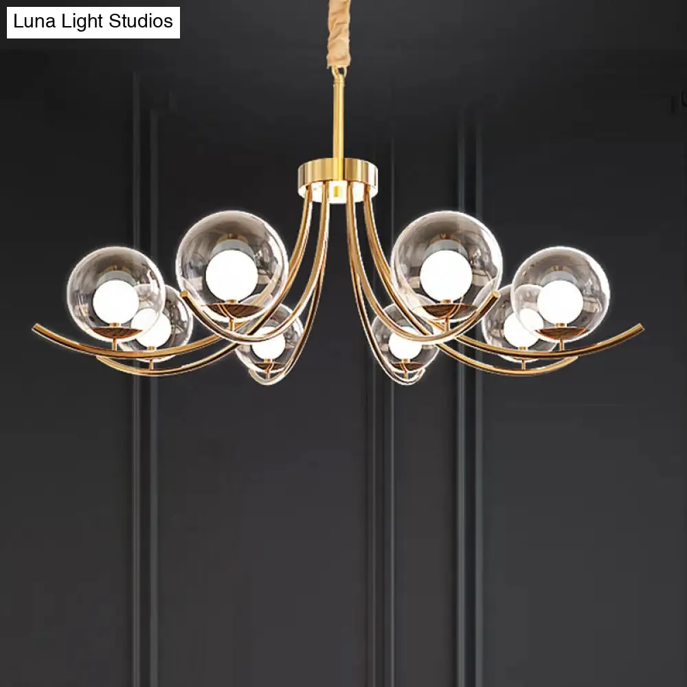 Modern Style Clear Glass Ball Chandelier - Golden Hanging Lamp with Curved Arm (6/8/10 Heads)