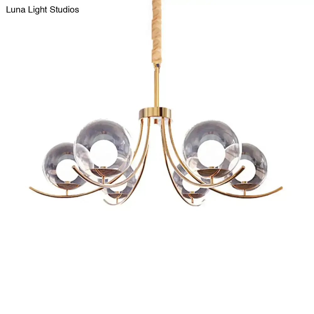 Modern Style Clear Glass Ball Chandelier - Golden Hanging Lamp with Curved Arm (6/8/10 Heads)