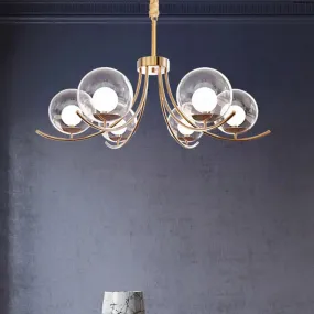 Modern Style Clear Glass Ball Chandelier - Golden Hanging Lamp with Curved Arm (6/8/10 Heads)