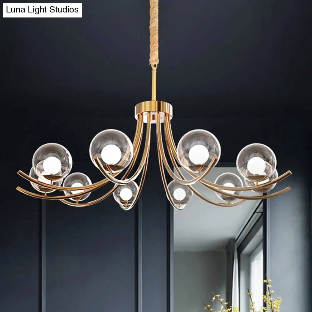 Modern Style Clear Glass Ball Chandelier - Golden Hanging Lamp with Curved Arm (6/8/10 Heads)