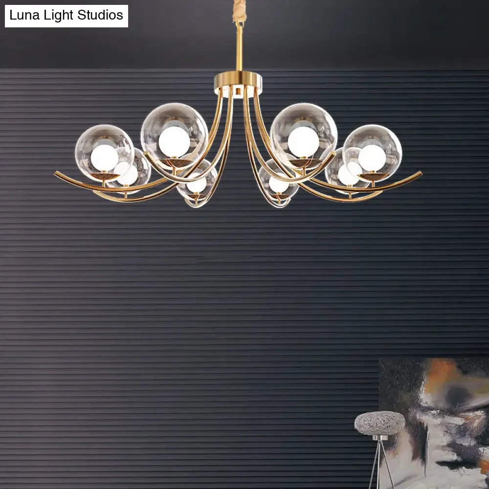 Modern Style Clear Glass Ball Chandelier - Golden Hanging Lamp with Curved Arm (6/8/10 Heads)