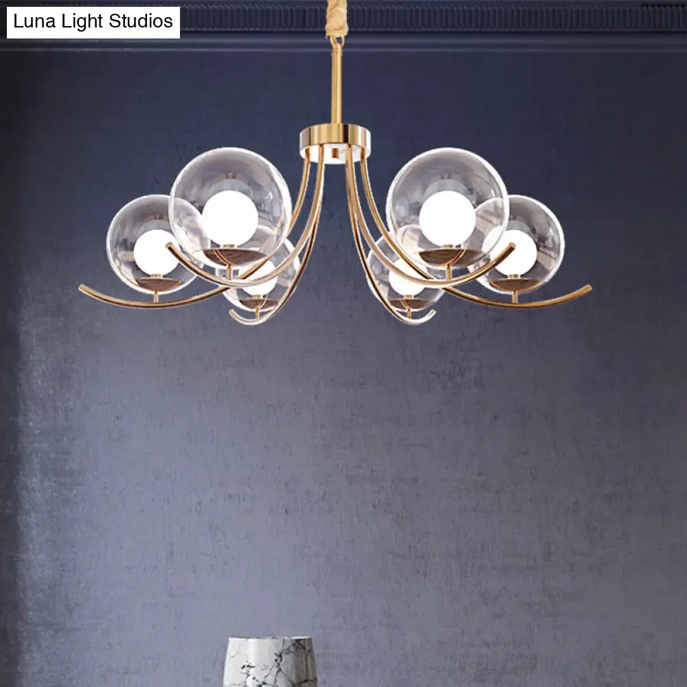 Modern Style Clear Glass Ball Chandelier - Golden Hanging Lamp with Curved Arm (6/8/10 Heads)