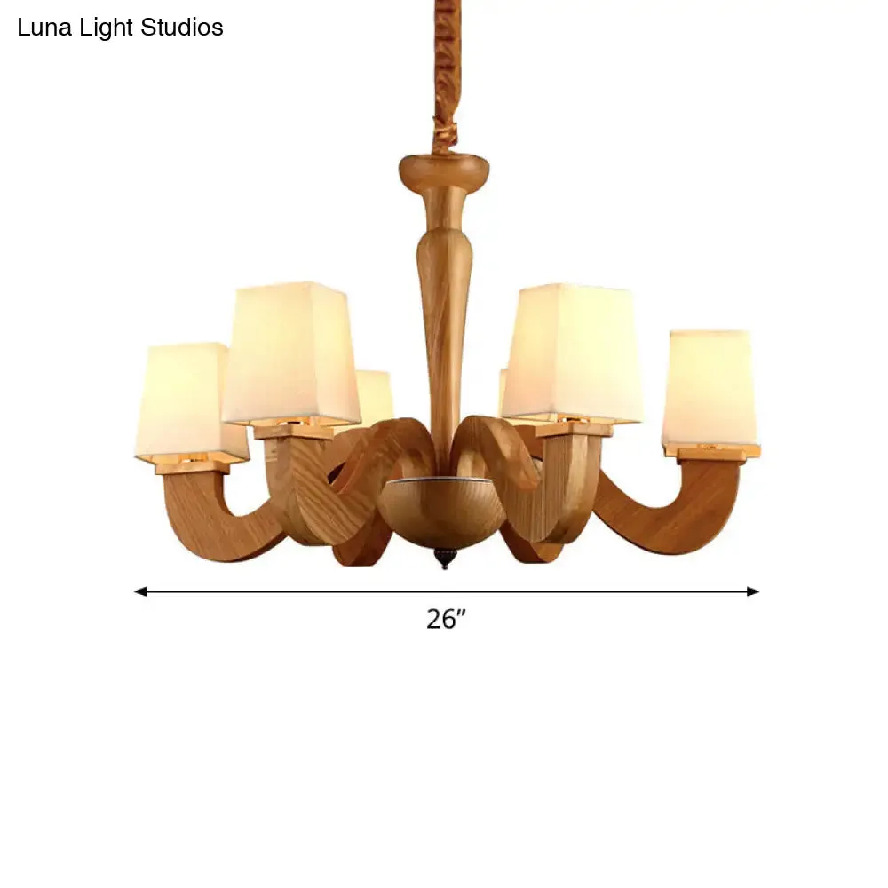 Modern Wood Chandelier with Curved Arms and Trapezoid Fabric Shades - 6 Head Ceiling Lamp