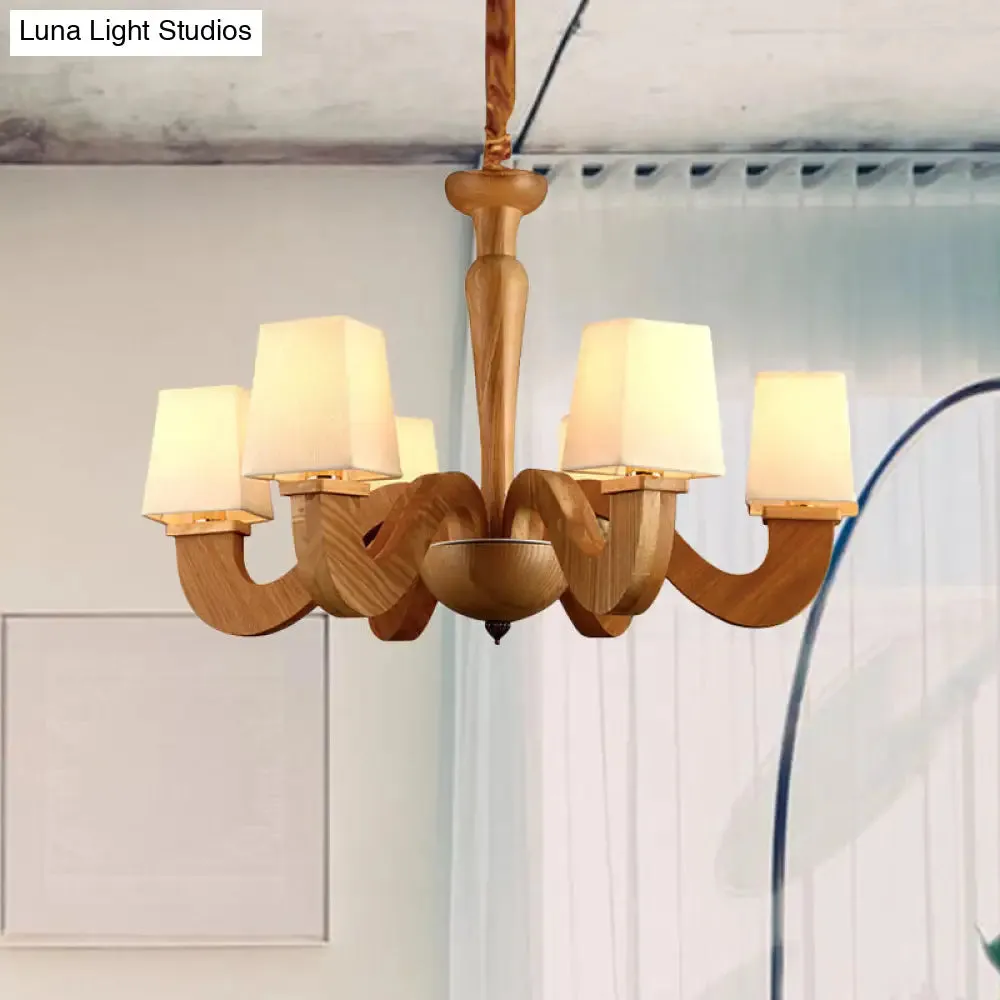 Modern Wood Chandelier with Curved Arms and Trapezoid Fabric Shades - 6 Head Ceiling Lamp