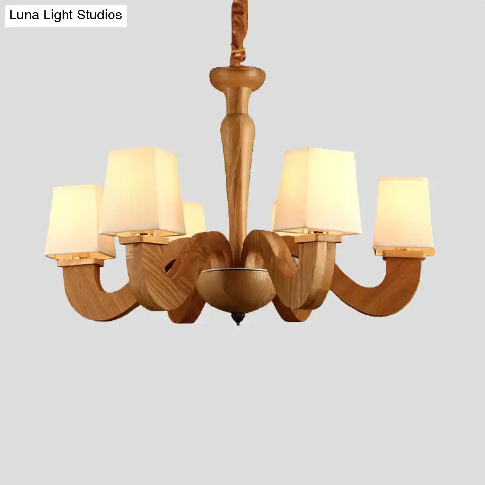 Modern Wood Chandelier with Curved Arms and Trapezoid Fabric Shades - 6 Head Ceiling Lamp