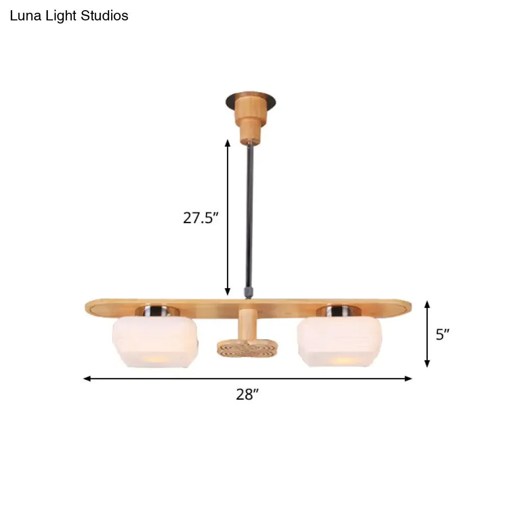 Modern Wood Pendant Chandelier with 2 Square Cream Glass Shades for Dining Room Ceiling