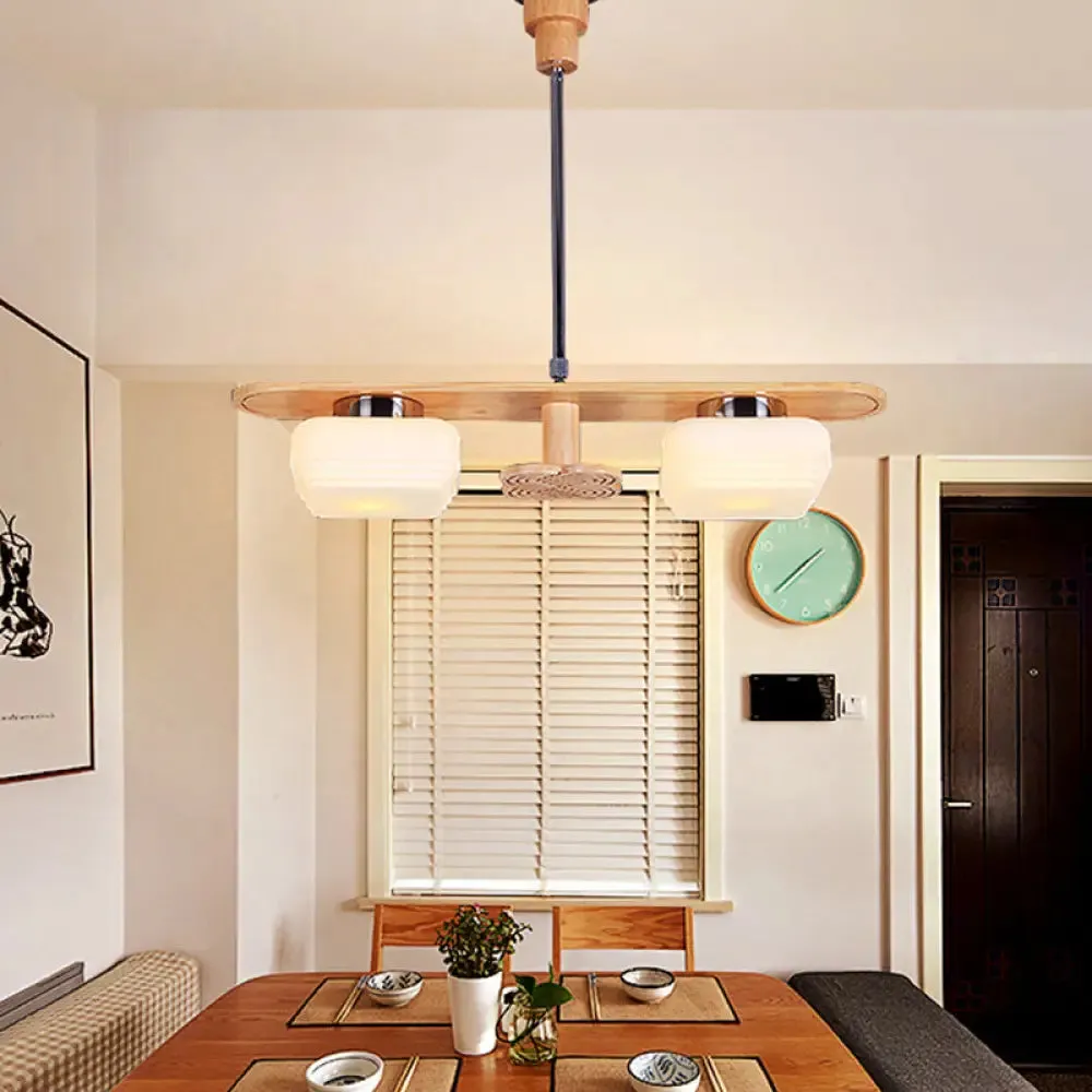 Modern Wood Pendant Chandelier with 2 Square Cream Glass Shades for Dining Room Ceiling