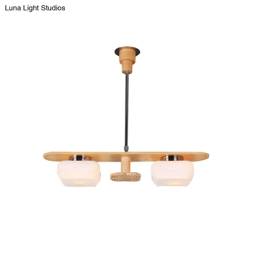 Modern Wood Pendant Chandelier with 2 Square Cream Glass Shades for Dining Room Ceiling