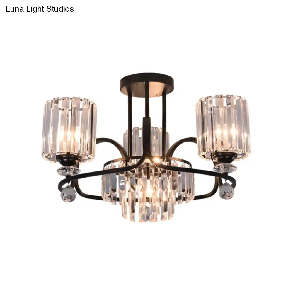 Modernist Crystal Prisms Cylindrical Suspension Lamp - 4-Bulb Black Ceiling Chandelier for Drawing Room