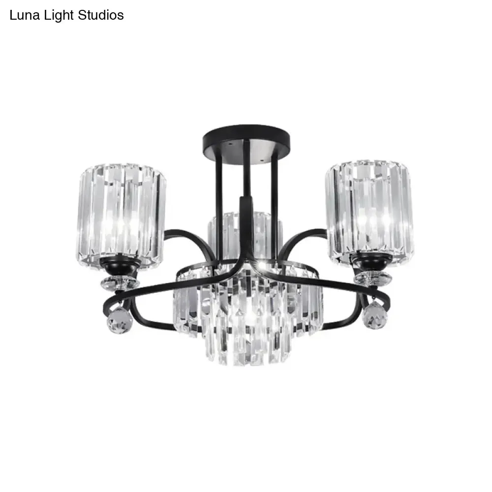 Modernist Crystal Prisms Cylindrical Suspension Lamp - 4-Bulb Black Ceiling Chandelier for Drawing Room