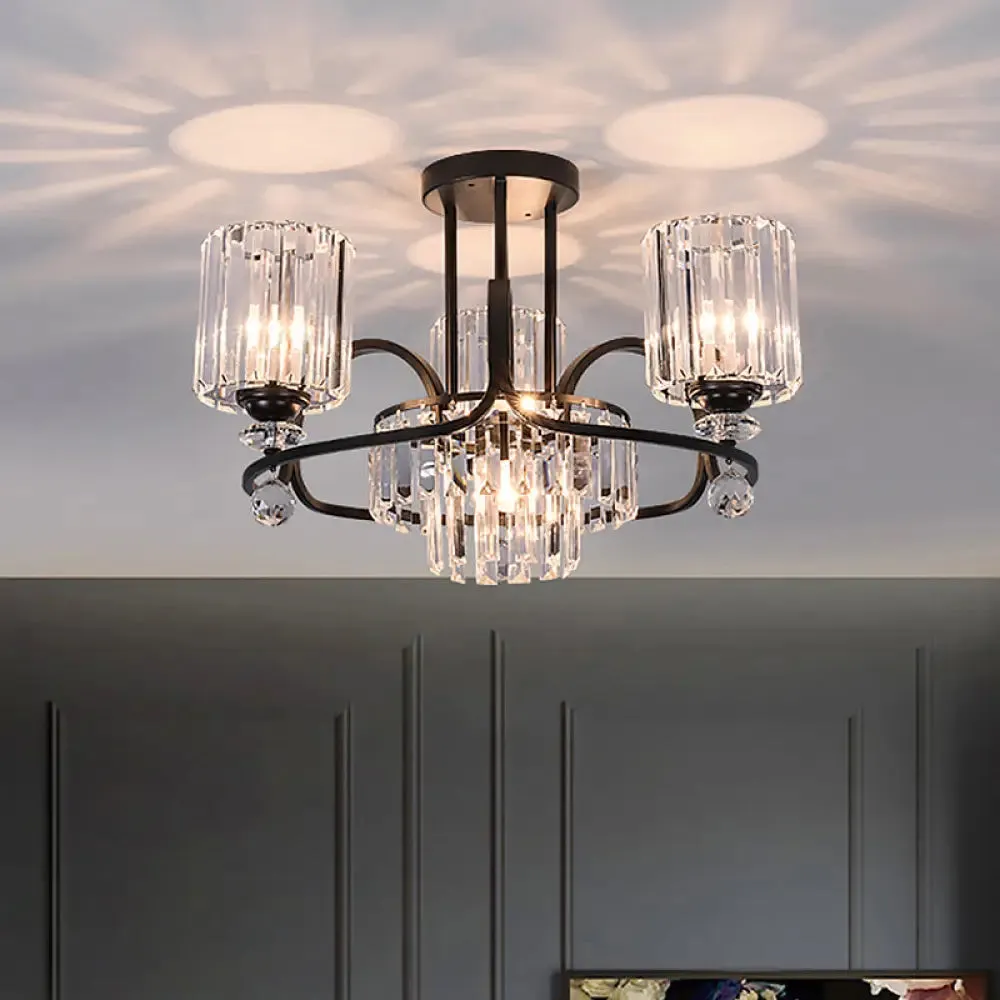 Modernist Crystal Prisms Cylindrical Suspension Lamp - 4-Bulb Black Ceiling Chandelier for Drawing Room