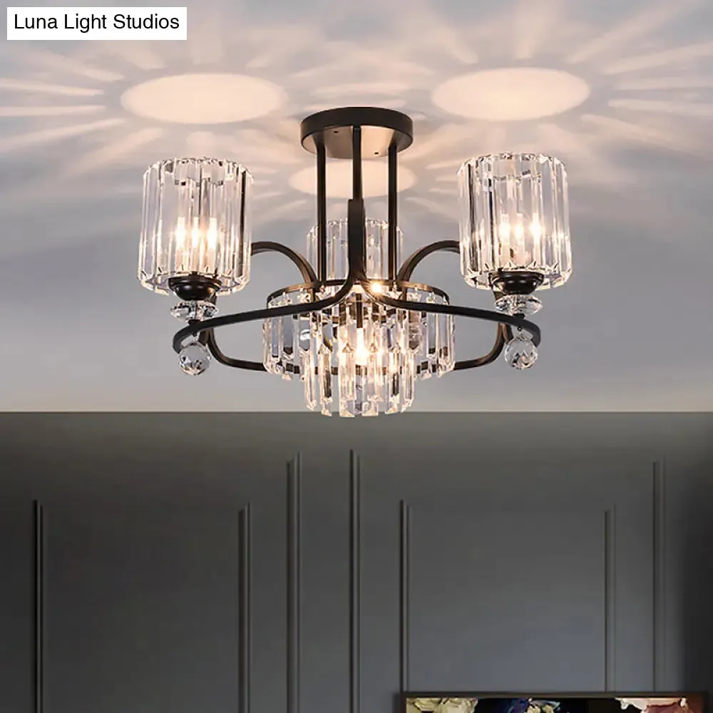 Modernist Crystal Prisms Cylindrical Suspension Lamp - 4-Bulb Black Ceiling Chandelier for Drawing Room