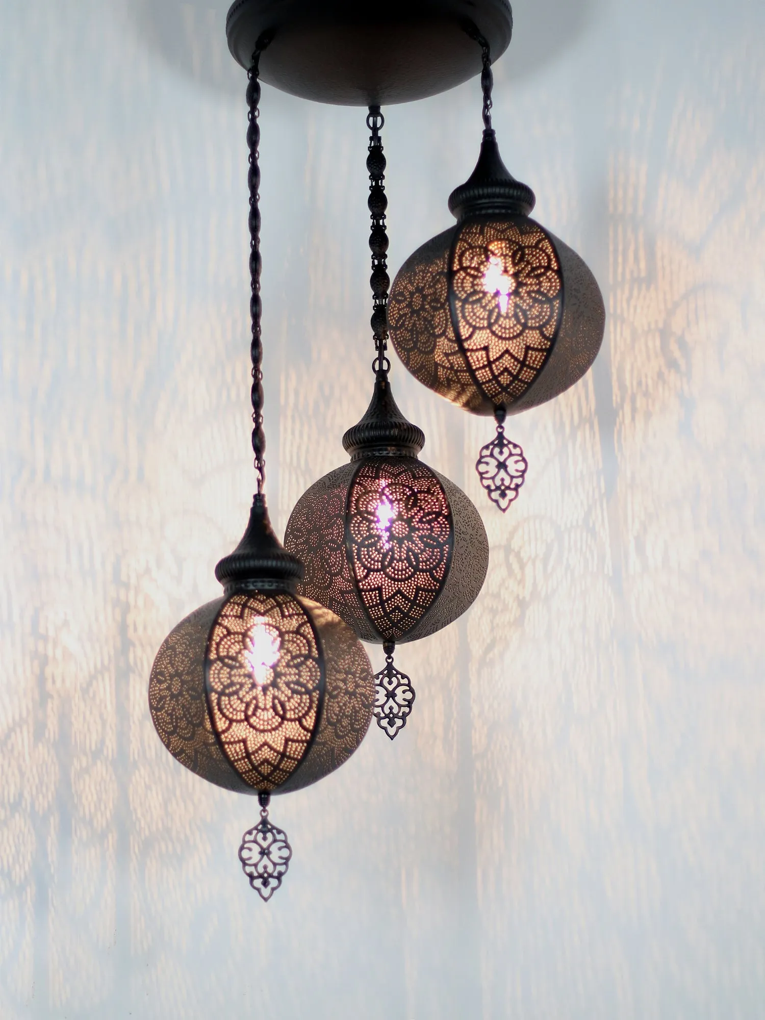 Moroccan Chandelier 3 Globe Black Color Ball Shape