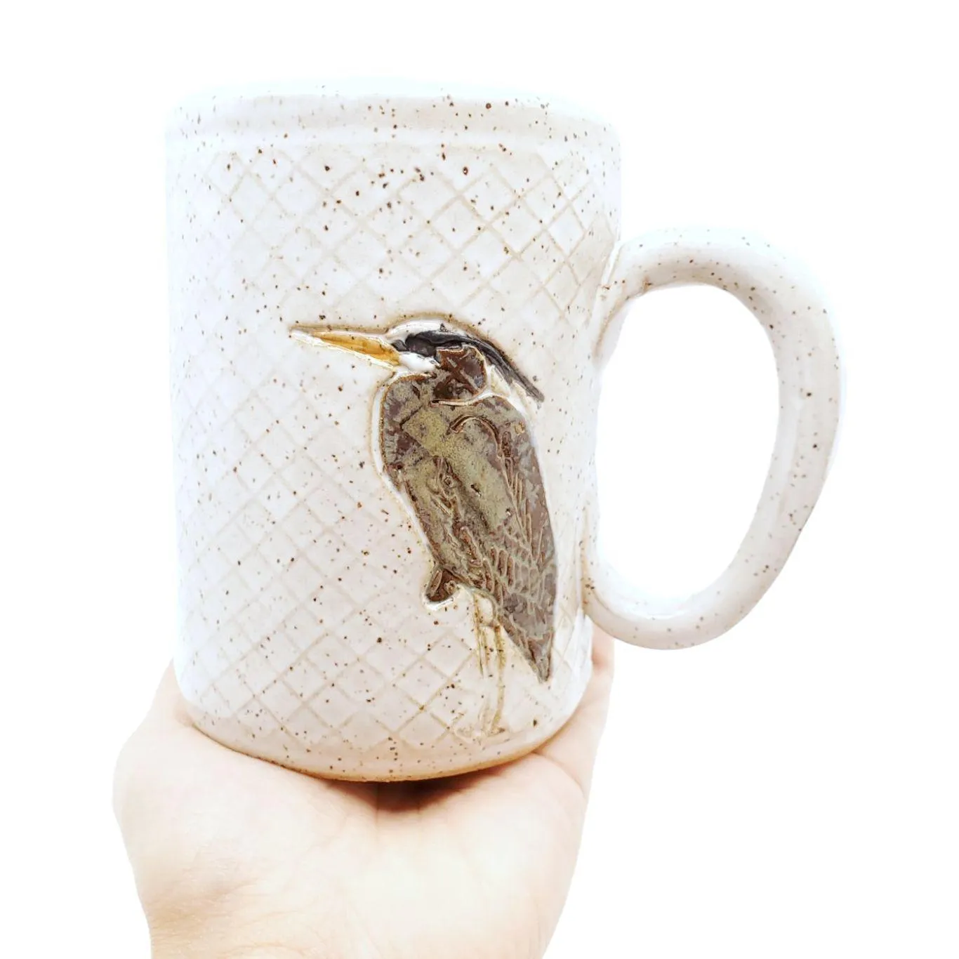 Mug - 16oz - Blue Heron White Ceramic Mug by White Squirrel Clayworks