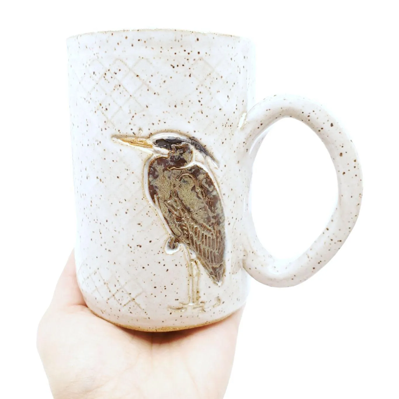 Mug - 16oz - Blue Heron White Ceramic Mug by White Squirrel Clayworks