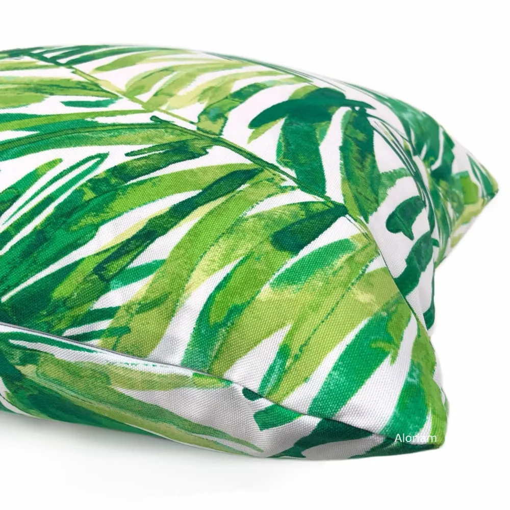 Nassau Green White Tropical Leaf Print Indoor Outdoor Pillow Cover