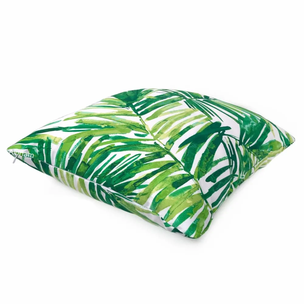 Nassau Green White Tropical Leaf Print Indoor Outdoor Pillow Cover