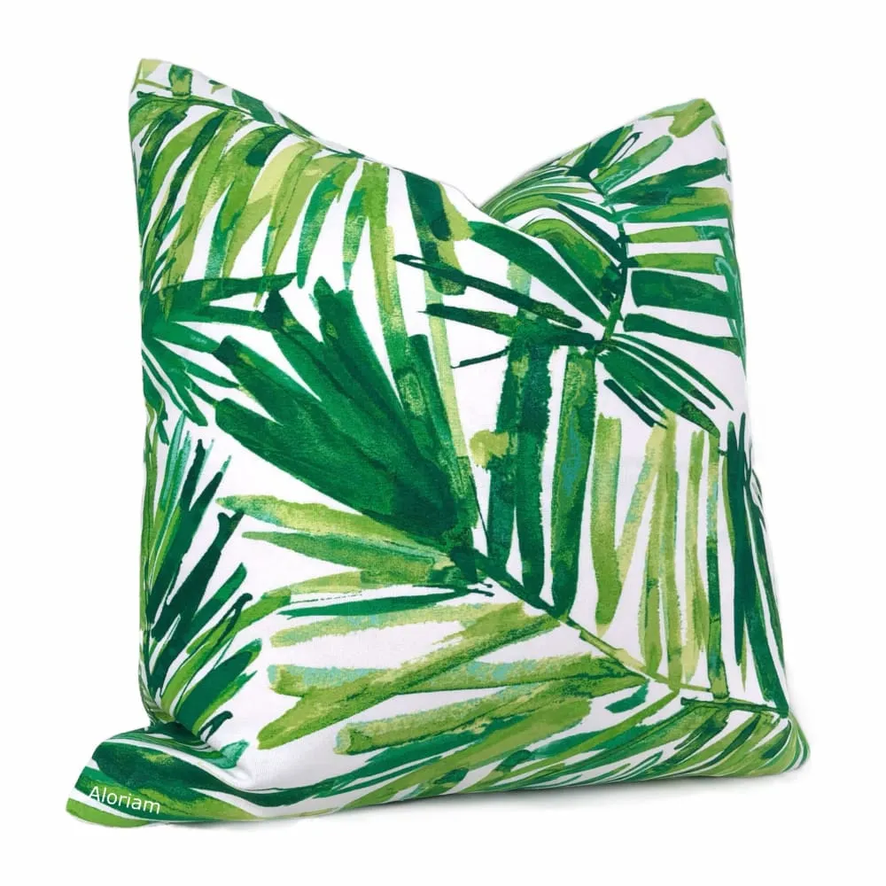 Nassau Green White Tropical Leaf Print Indoor Outdoor Pillow Cover