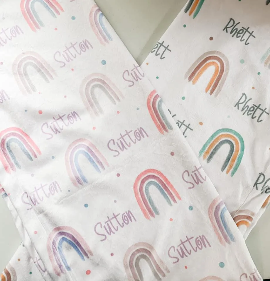 Neutral Rainbow Print (Berry) Personalized Minky Blanket (Luxe Minky)