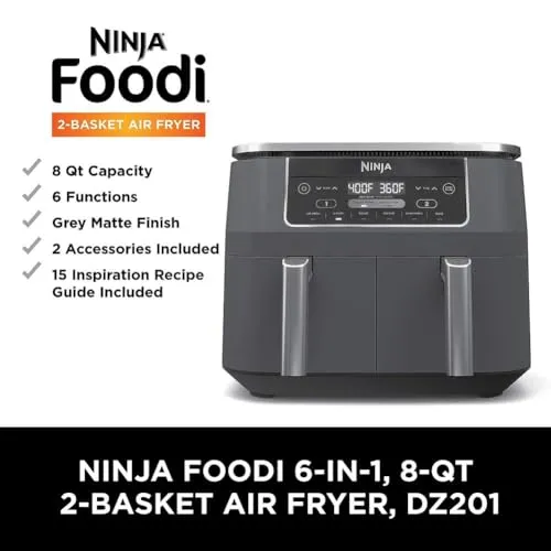 Ninja DZ201 Foodi 8 Quart 6-in-1 DualZone 2-Basket Air Fryer with 2 Independent Frying Baskets, Match Cook & Smart Finish to Roast, Broil, Dehydrate & More for Quick, Easy Meals, Grey