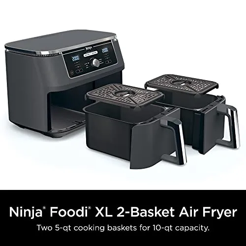 Ninja DZ401 Foodi 10 Quart 6-in-1 DualZone XL 2-Basket Air Fryer with 2 Independent Frying Baskets, Match Cook & Smart Finish to Roast, Broil, Dehydrate & More for Quick, Easy Family-Sized Meals, Grey