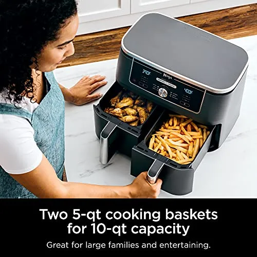 Ninja DZ401 Foodi 10 Quart 6-in-1 DualZone XL 2-Basket Air Fryer with 2 Independent Frying Baskets, Match Cook & Smart Finish to Roast, Broil, Dehydrate & More for Quick, Easy Family-Sized Meals, Grey