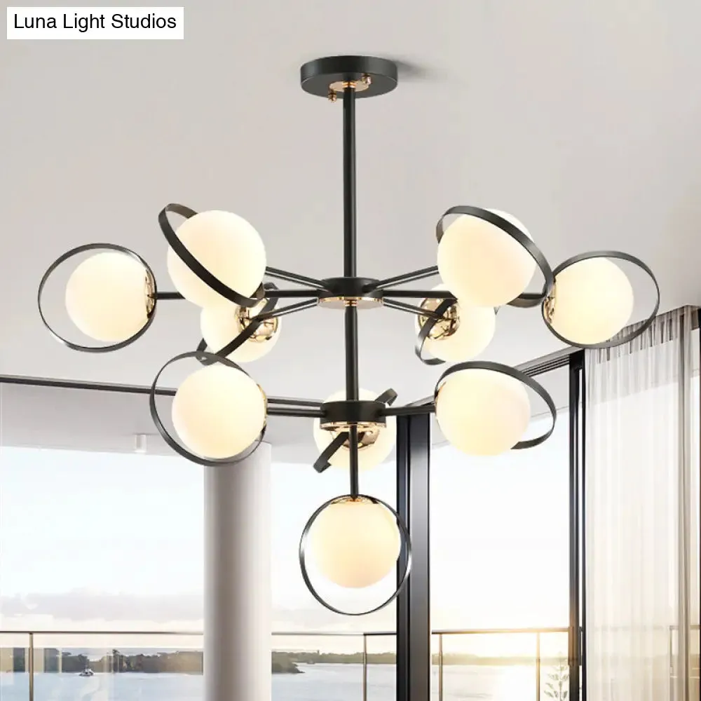 Opal Glass 3-Tier Modo Pendant Chandelier - Modern Black 10-Head Hanging Light with Ring Detail