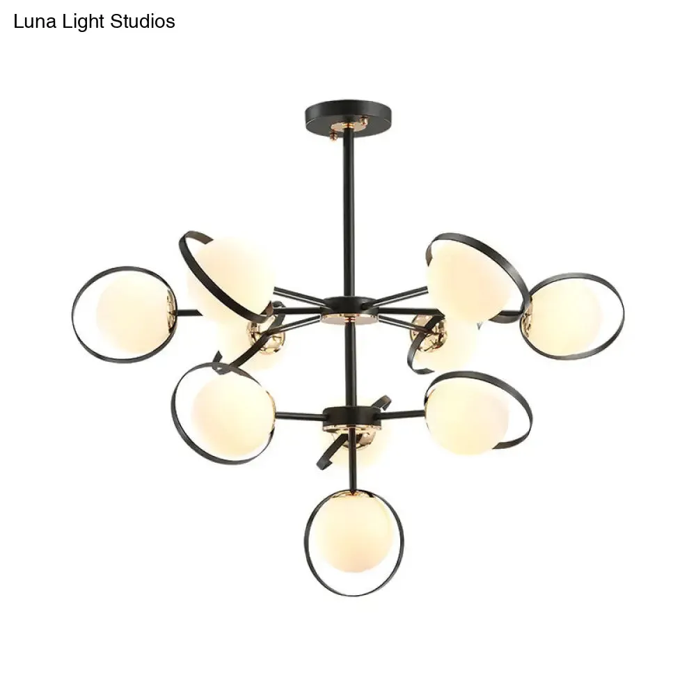 Opal Glass 3-Tier Modo Pendant Chandelier - Modern Black 10-Head Hanging Light with Ring Detail