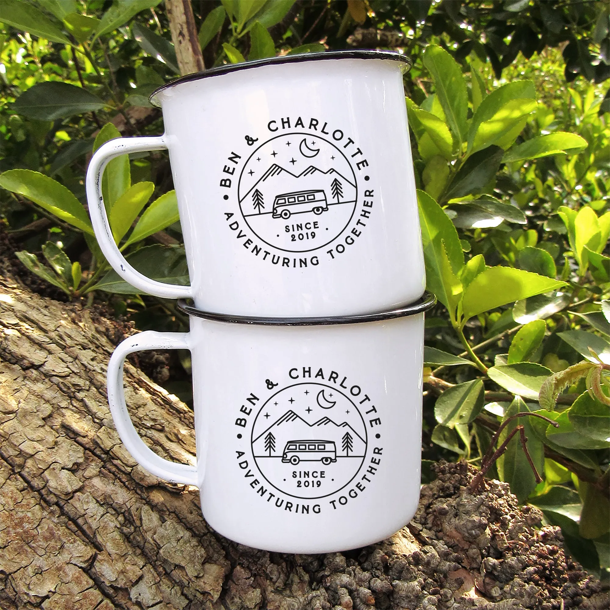 Personalised 'Adventuring Together' Camper Van Mug, 13 oz Metal Enamel Mug - Mountain Twilight