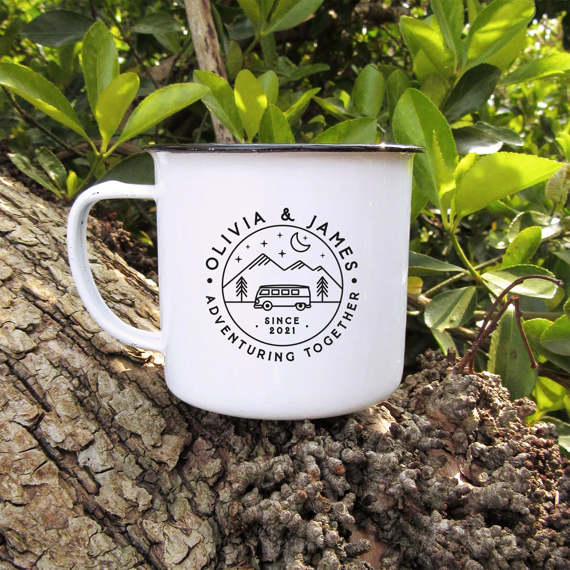 Personalised 'Adventuring Together' Camper Van Mug, 13 oz Metal Enamel Mug - Mountain Twilight