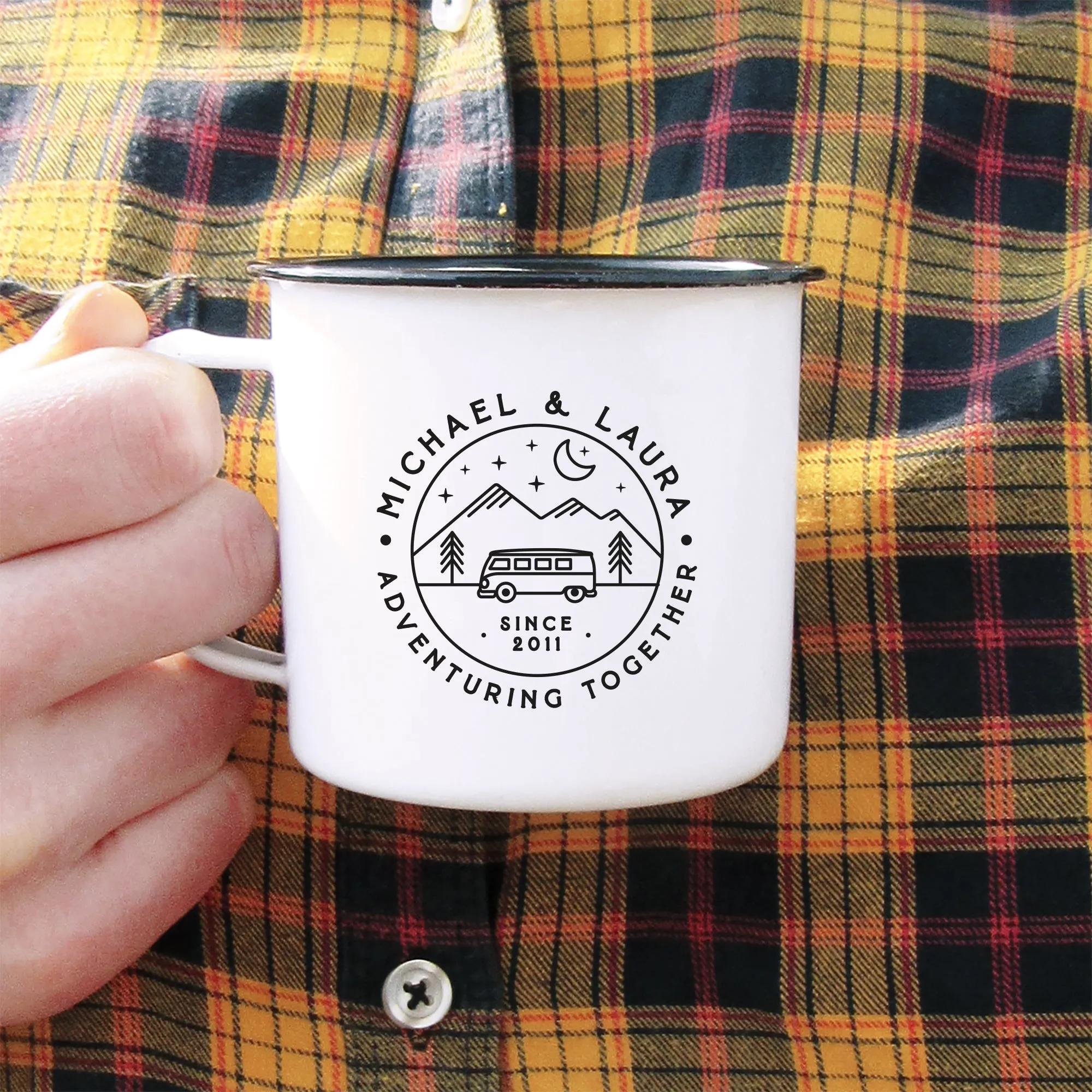 Personalised 'Adventuring Together' Camper Van Mug, 13 oz Metal Enamel Mug - Mountain Twilight