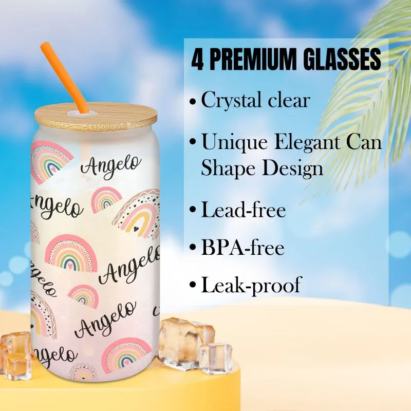 Personalized Glass Cups with Bamboo Lids and Straws 16 oz, Custom Iced Coffee Can Shaped Glass Tumbler with Name for Women