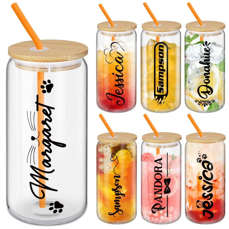 Personalized Glass Cups with Bamboo Lids and Straws 16 oz, Custom Iced Coffee Can Shaped Glass Tumbler with Name for Women