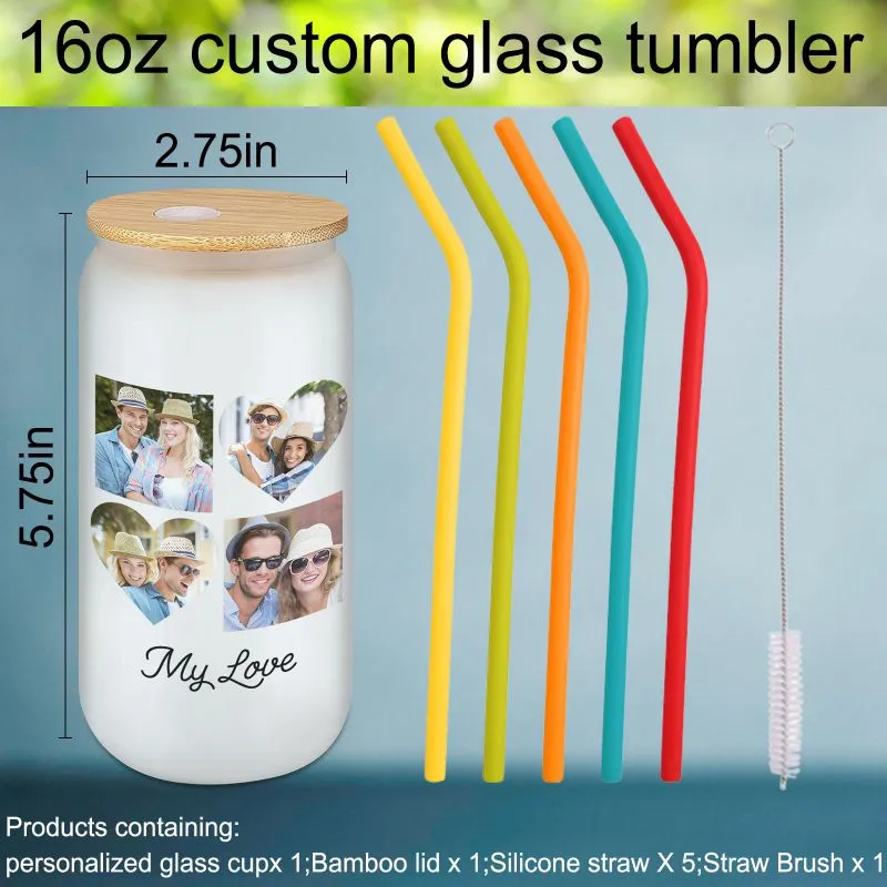 Personalized Glass Cups with Bamboo Lids and Straws 16 oz, Custom Iced Coffee Can Shaped Glass Tumbler with Name for Women